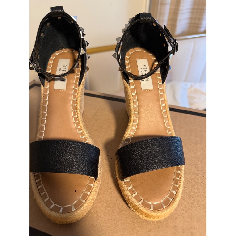 Steven New York Black Studded Espadrille Wedge Sandals Size 7 Ankle Strap Jute